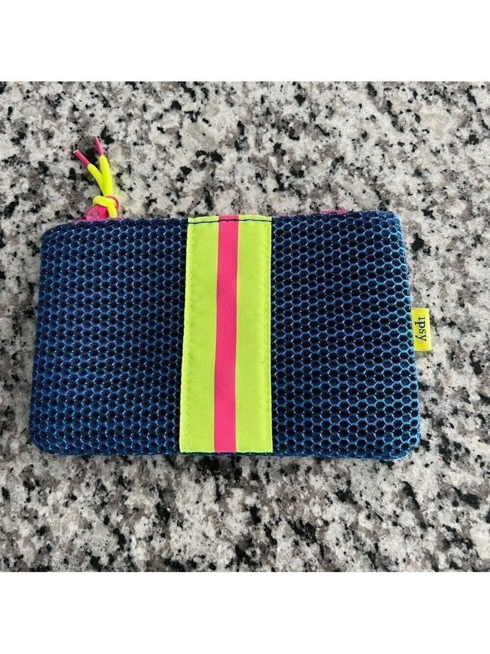 Ipsy Blue Mesh Makeup Bag Neon Stripe Cosmetic Pouch Zipper Case